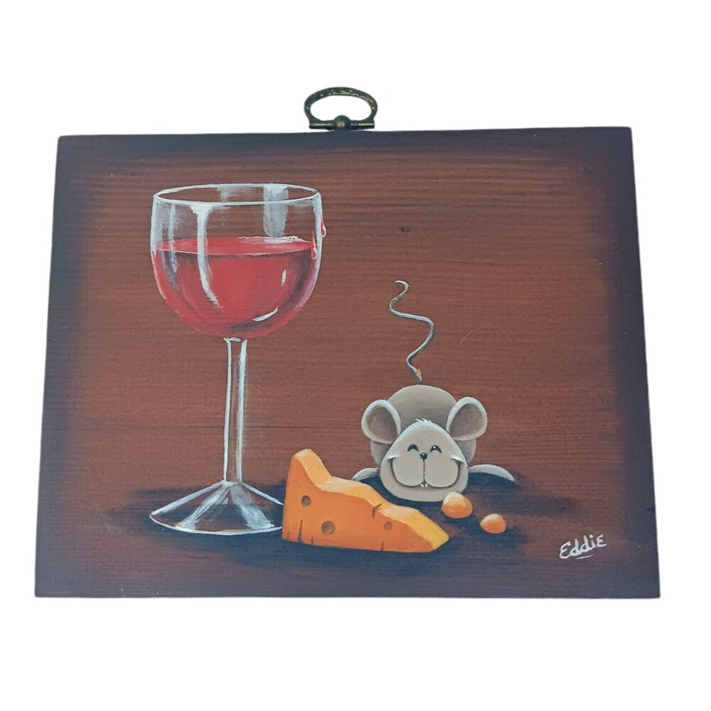 Mouse With Cheese And Wine Original Painting On Wood Signed Eddie Handpainted #1